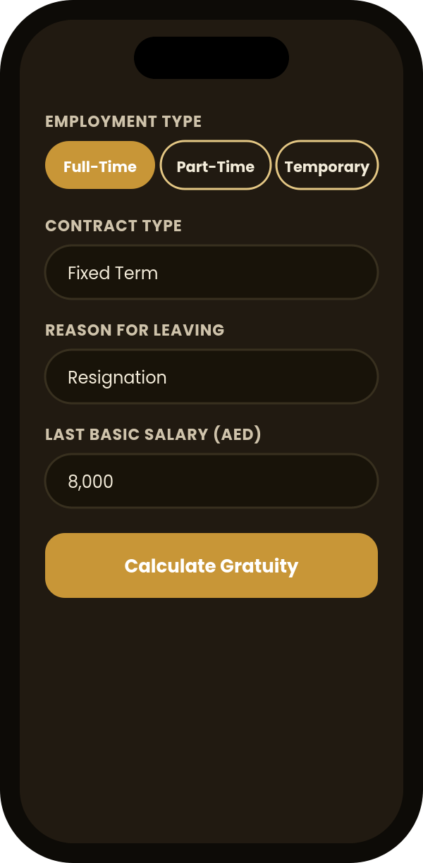 UAE gratuity calculator mobile screen in dark mode showing employment type, contract type, reason for leaving, and basic salary fields with a Calculate Gratuity button