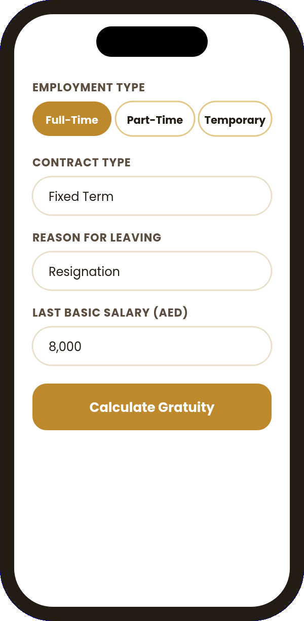UAE gratuity calculator mobile screen showing employment type, contract type, reason for leaving, and basic salary fields with a Calculate Gratuity button